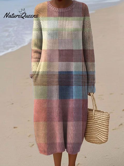 Women's Retro Plaid Pattern Art Casual Round Collar Long Sleeve Dress