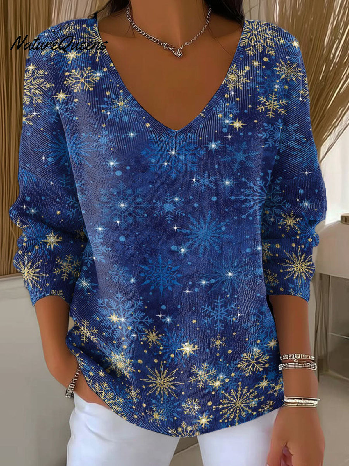 Women's Winter Christmas Gradient Snowflake Decoration Pattern Casual V Collar Long Sleeve Sweater