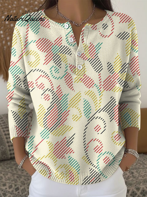 Women's Multicolor Flowers Pattern Art Print Buttoned Cardigan Sweater