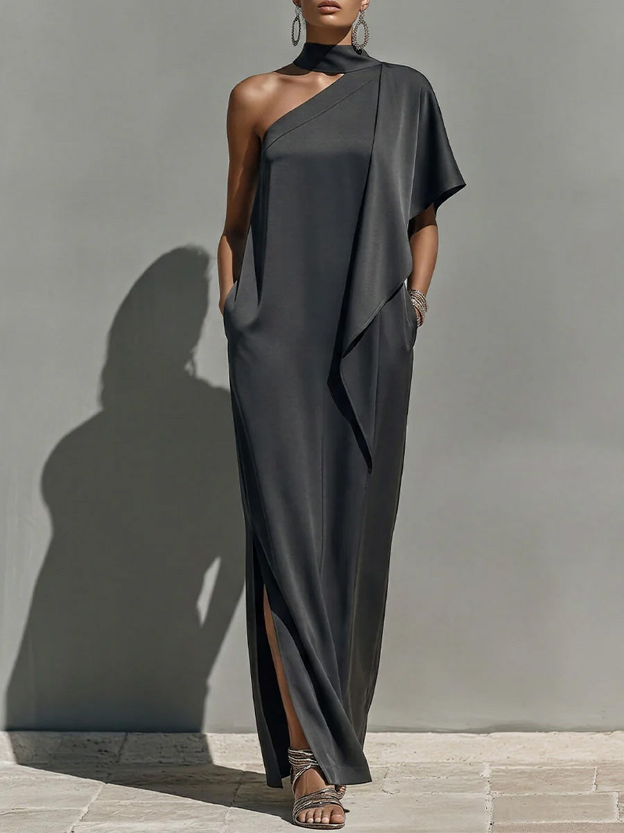 Women's Solid-color Off-shoulder Short-sleeve Casual Loose Satin Dress