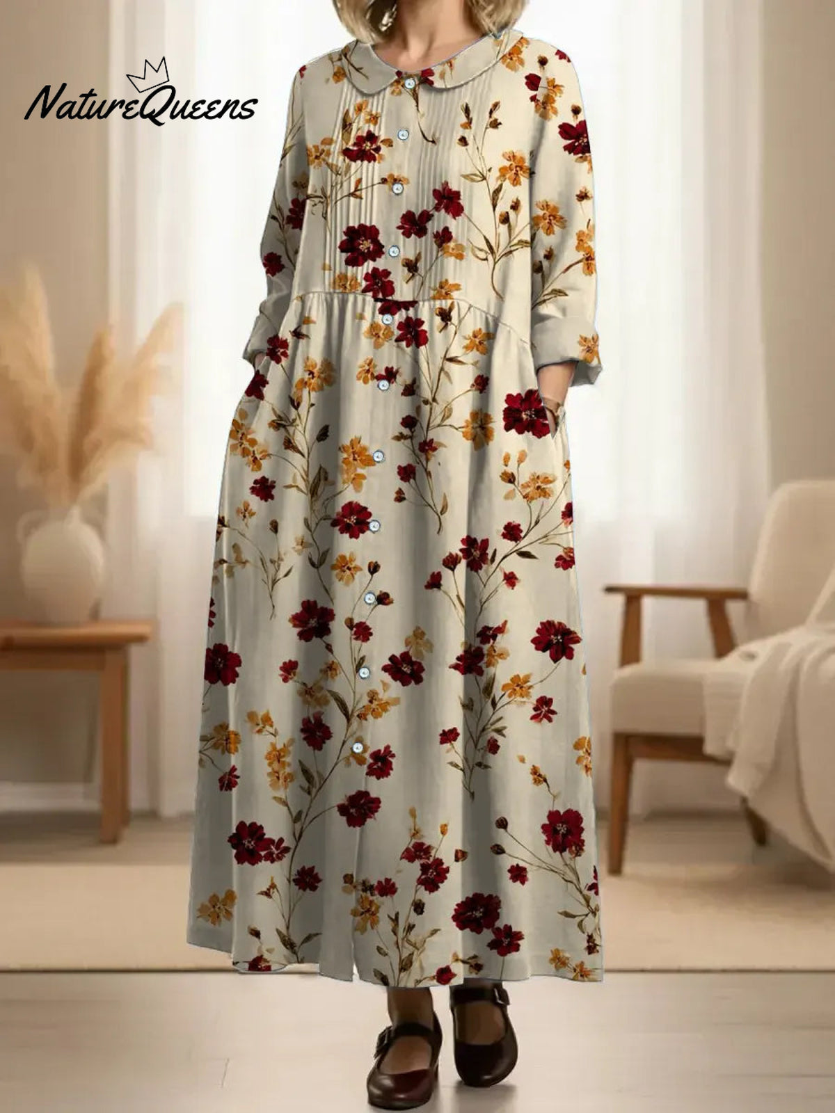 Women's Pleated RetroFloral Patterns Print Doll Collar Casual Long-sleeved Dress