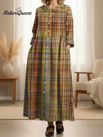 Women's Pleated Vintage Plaid Art Print Doll Collar Casual Long-sleeved Dress
