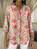 Women's Retro Gradient Flowers Floral Art Casual Denim V-neck Ruffled Shirt