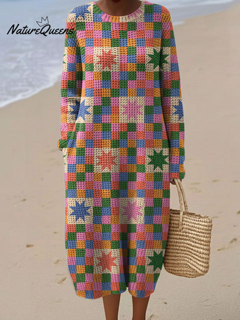 Women's Retro Plaid Pattern Art Casual Round Collar Long Sleeve Dress