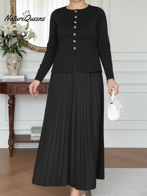 Elegant Knit Top With Metallic Buttons And Pleated Skirt Two-piece Set