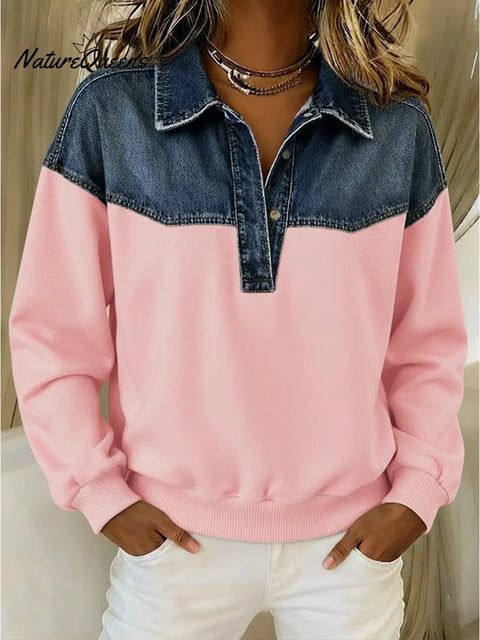 Women's Casual Patchwork Denim Cotton Sweatshirt