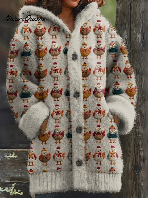 Cute Chick Art Pattern Printed Knit Hoodie
