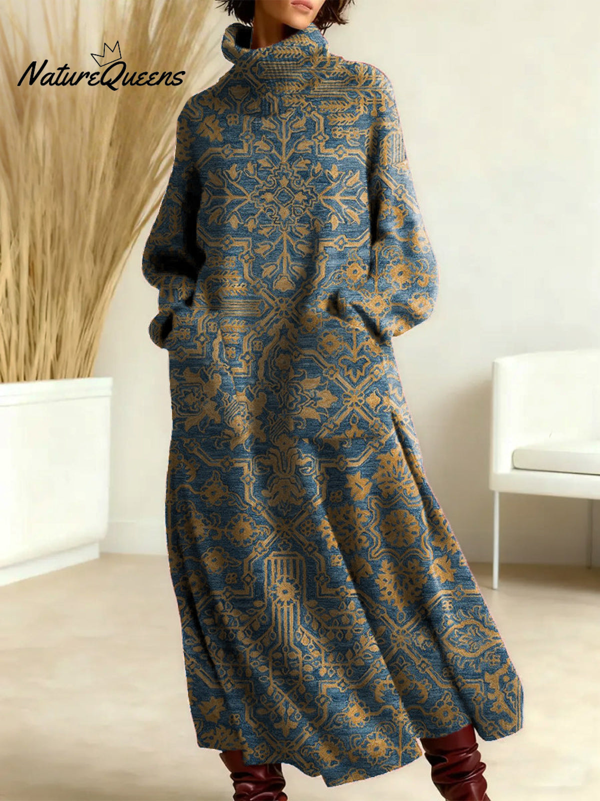 Women's Retro Symmetrical Floral Pattern Art Print Casual Cotton Knitted Dress