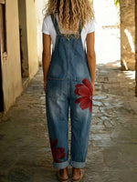 Women's Casual Brushstroke Floral Print Denim Jumpsuit With Adjustable Buckle