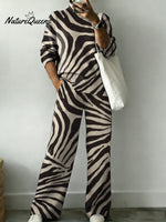 Zebra Stripe Decorative Pattern Casual Stand Collar Long Sleeve Top And Elastic Waistband Pants
