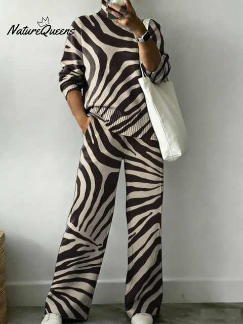 Zebra Stripe Decorative Pattern Casual Stand Collar Long Sleeve Top And Elastic Waistband Pants