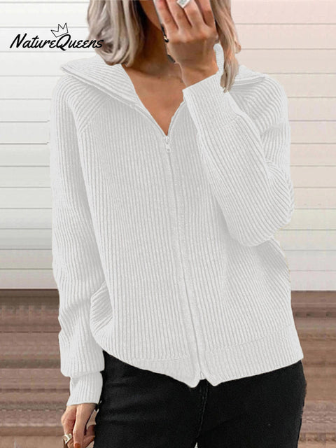 Women's Striped Casual Loose Knit Cardigan Zip Lapel Sweater