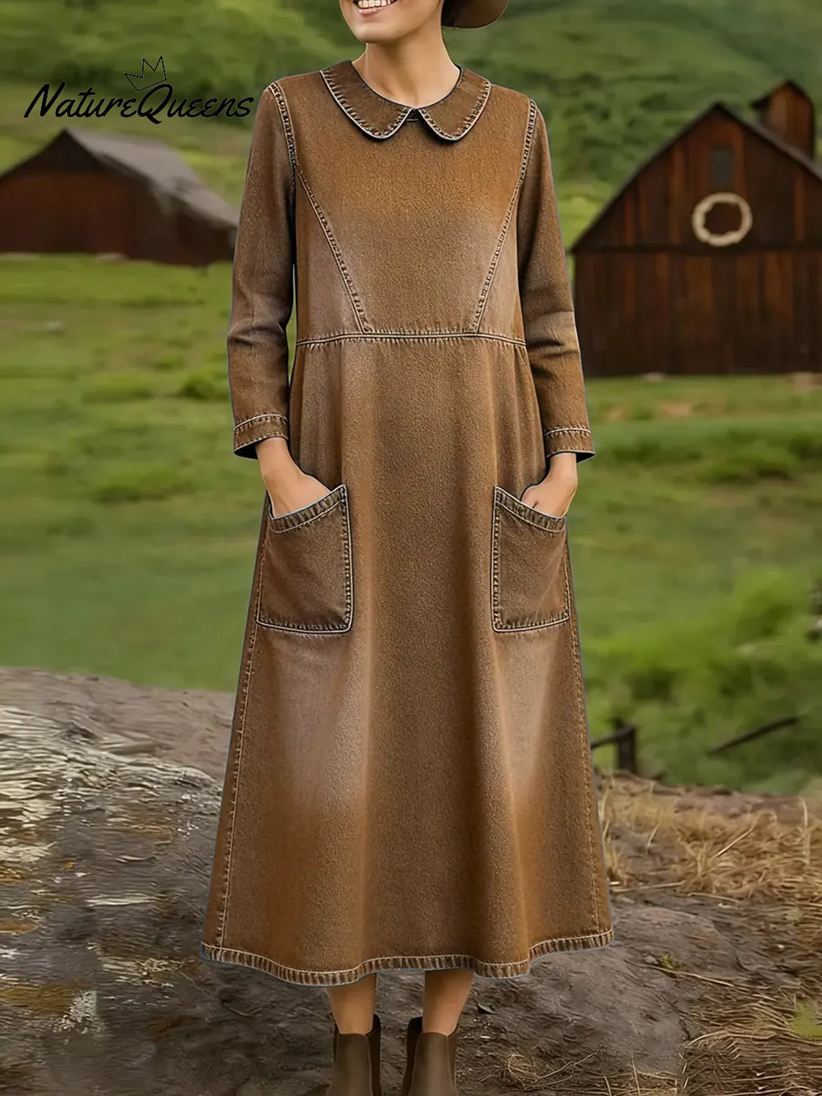 Women's Spring Peter Pan Collar Long-sleeved Casual Loose Denim Dress