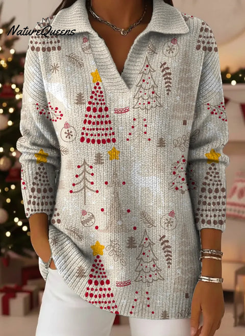 Women's Christmas Tree Pattern Art Print Casual Cotton Sweater