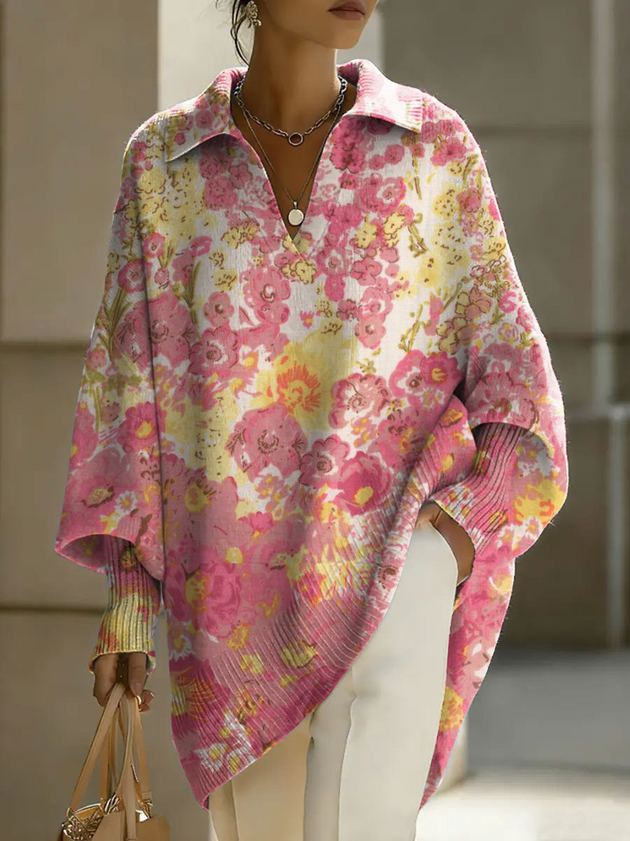 Women's Color Flowers Patterns V-neck Long-sleeved Casual Loose-fitting Knitted Pullover Sweater