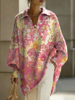 Women's Color Flowers Patterns V-neck Long-sleeved Casual Loose-fitting Knitted Pullover Sweater