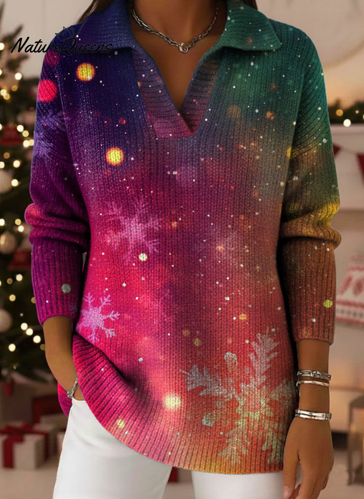 Neon Lights Christmas Snowflake Gradient Art Pattern Polo Collar Shiny Loose Sweater Top