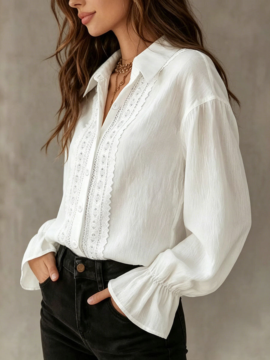 Women's Solid-color Lapel Collar Single-breasted Lace-paneled Long Sleeve Shirt