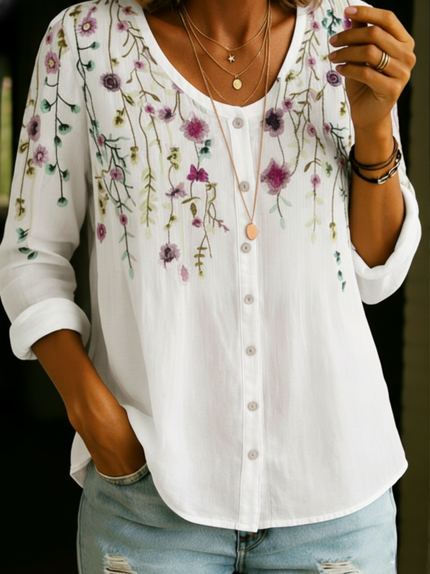 Vintage Bouquet Waterfall Cotton Linen Shirt Blouse