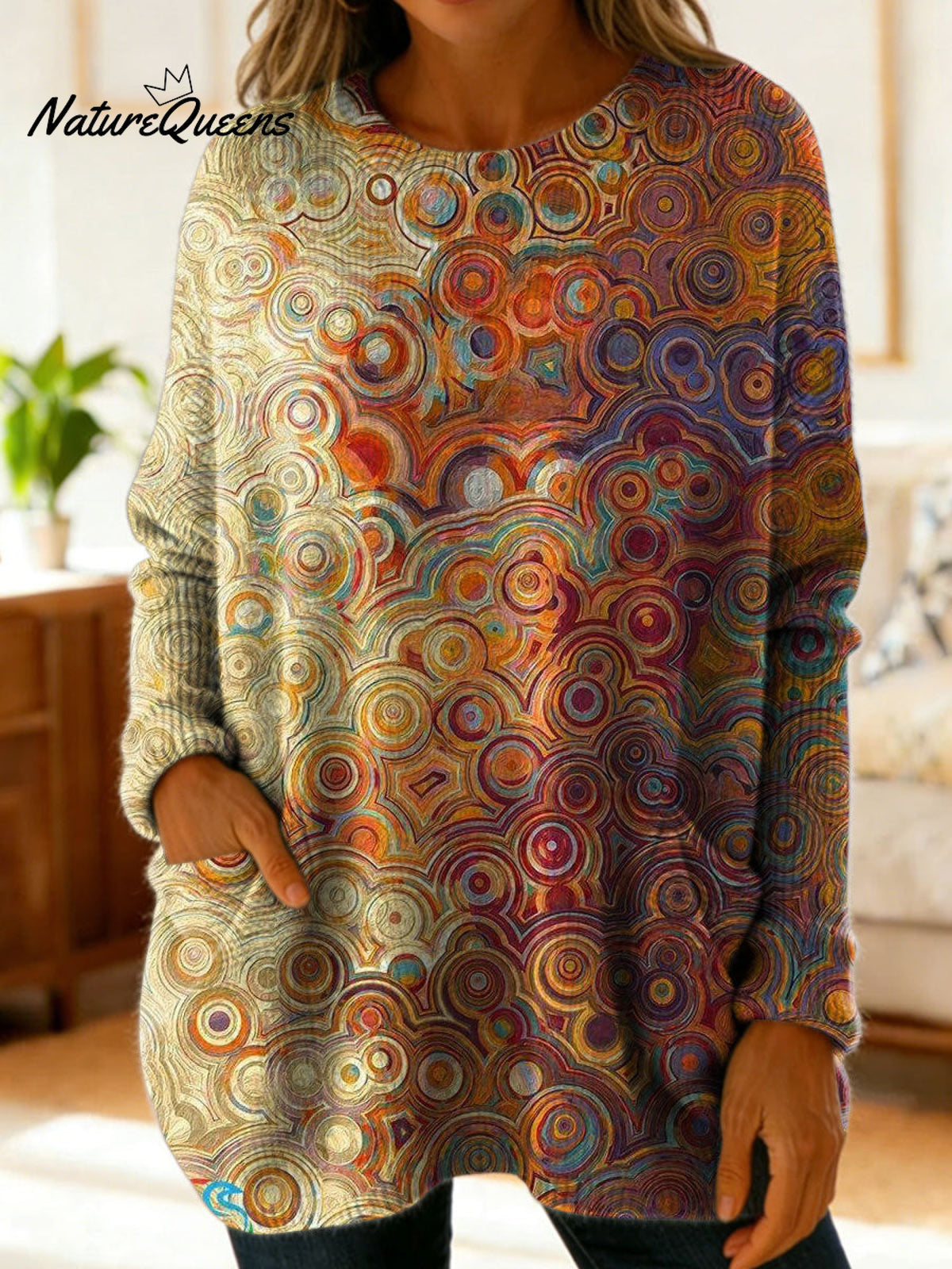 Women's Retro Abstract Pattern Art Print Casual Cotton Knitted Sweater