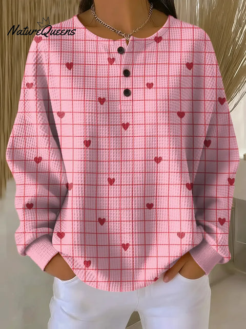 Women's Love Plaid Pattern Art Print Casual Waffle Sweatshirt