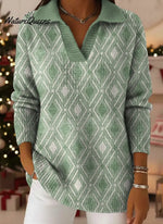 Retro Diamond Pattern Print Lapel Casual Knit Sweater