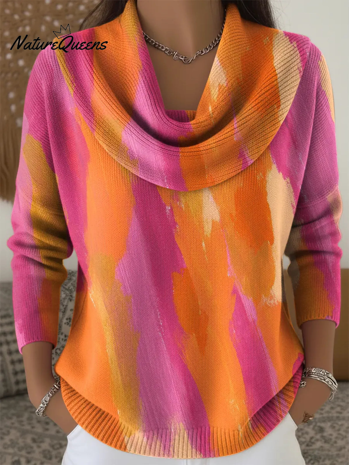 Women's Colorful Art Print Cowl Neck Sweater
