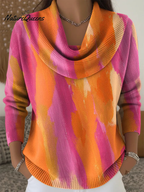 Women's Colorful Art Print Cowl Neck Sweater