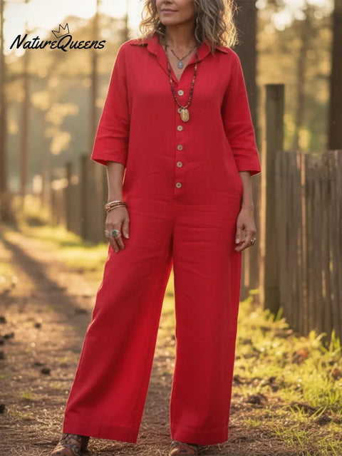 Women's Cozy Loose Collar Button-up Linen Jumpsuit