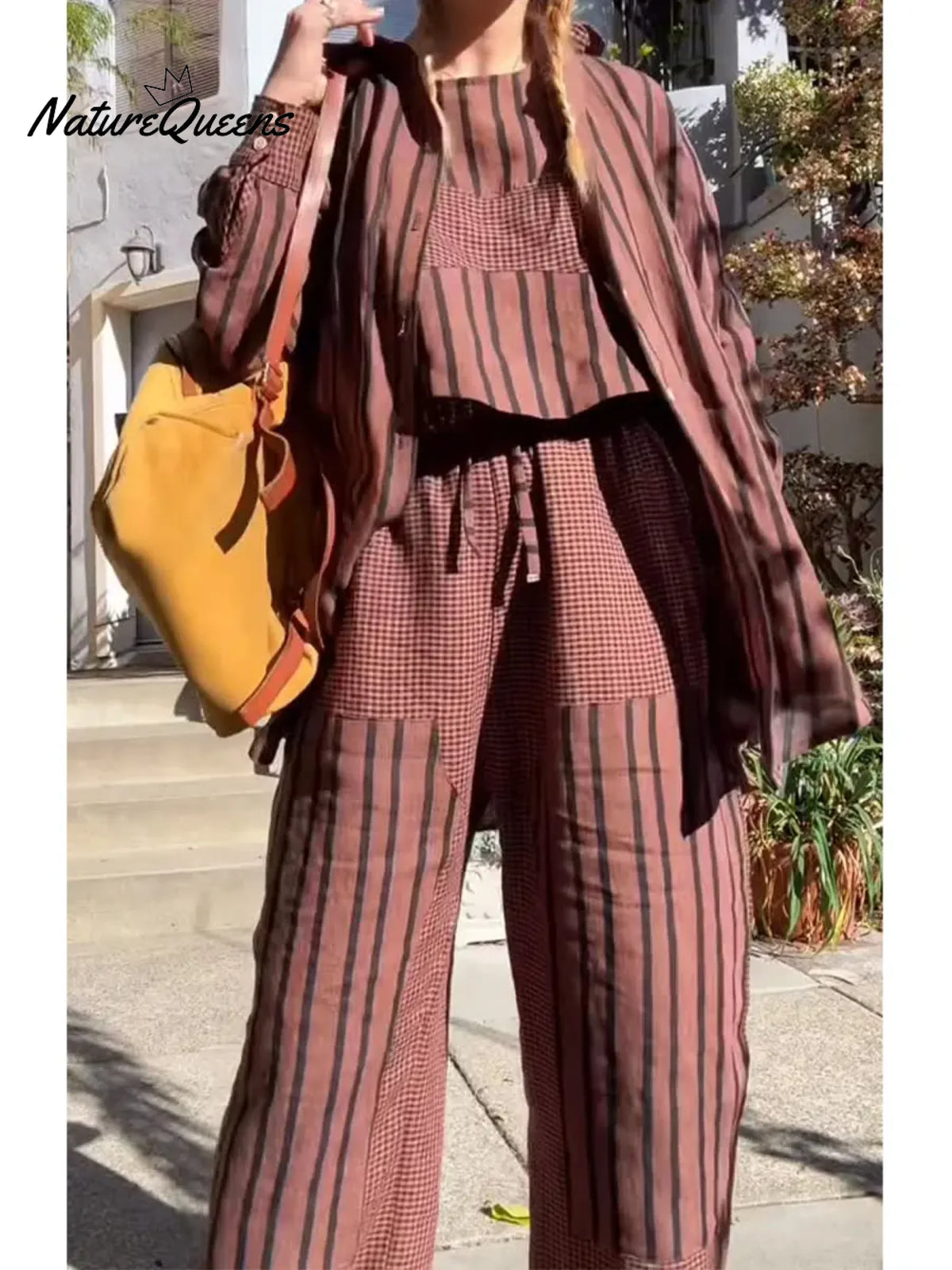 Women's Casual Plaid And Striped Patchwork Cotton And Linen Shirt, Vest And Pants Three-piece Set