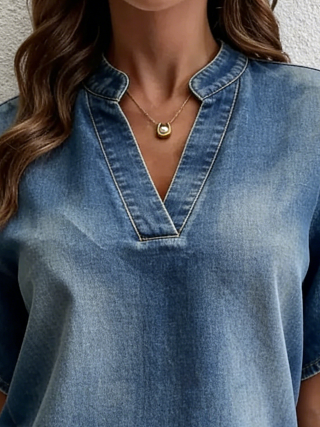 Casual V-neck Petal Sleeves Denim Blouse