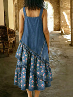 Casual Floral Patchwork Denim Dress With Adjustable Shoulder Straps