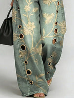 Women's Vintage Flower Print Casual Fashion Cutout Jeans