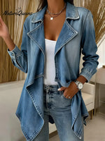 Women's Solid Color Long-sleeved Casual Loose Denim Cardigan With Irregular Hem.