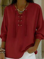 Casual Lace-up Cotton And Linen Shirt Top