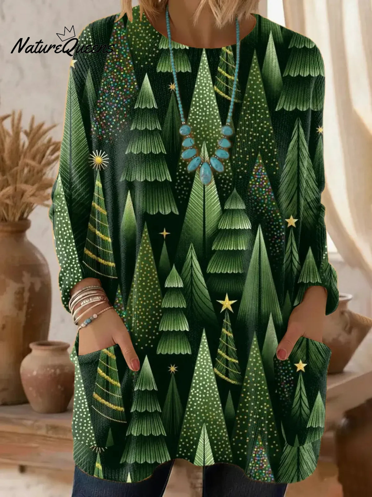 Women's Christmas Tree Pattern Art Print Casual Cotton Knitted Sweater