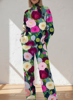 Women's Flower Pattern Art Print Casual Knitted Cotton Top Pants Suit