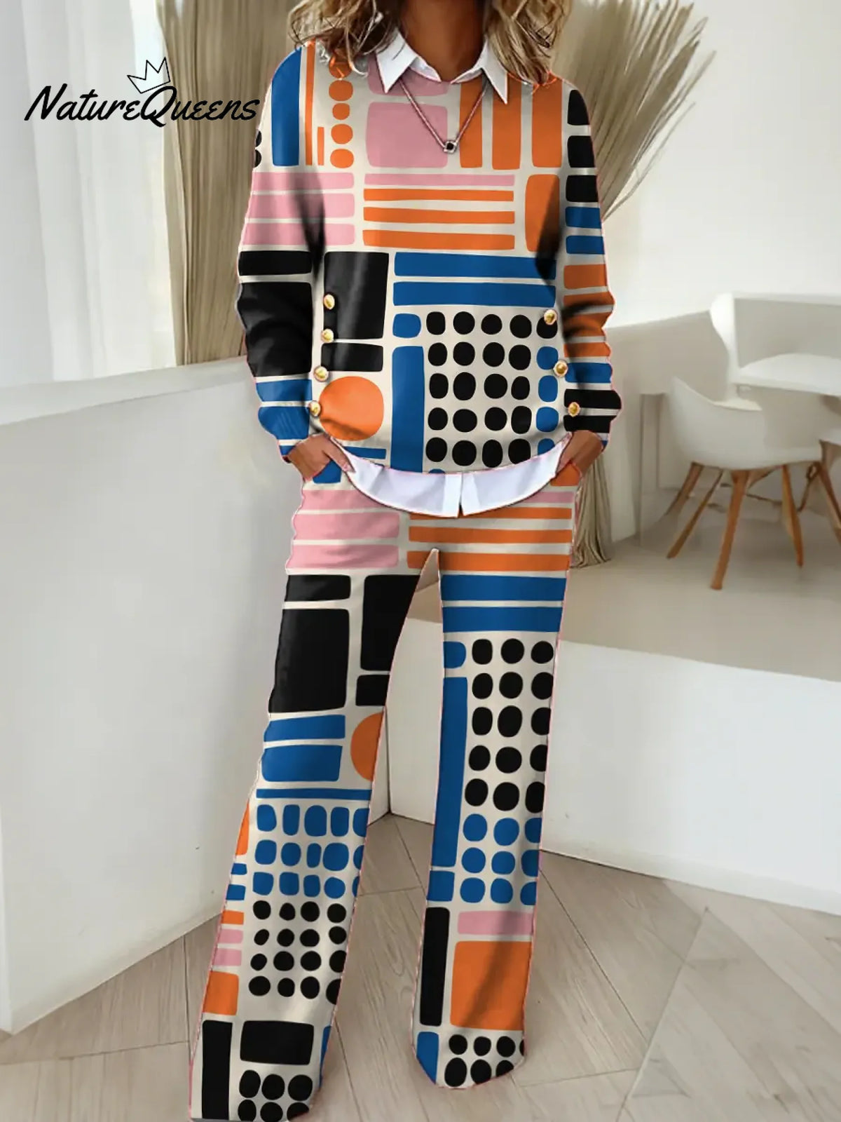 Women's Geometric Pattern Art Print Casual Cotton Knitted Suits