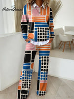 Women's Geometric Pattern Art Print Casual Cotton Knitted Suits
