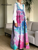 Women's Retro Splicing Colorful Flowers Pattern Art Print Casual Cotton Denim Dress