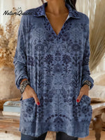Women's Retro Print V-neck Long Sleeve Casual Loose Cotton Top