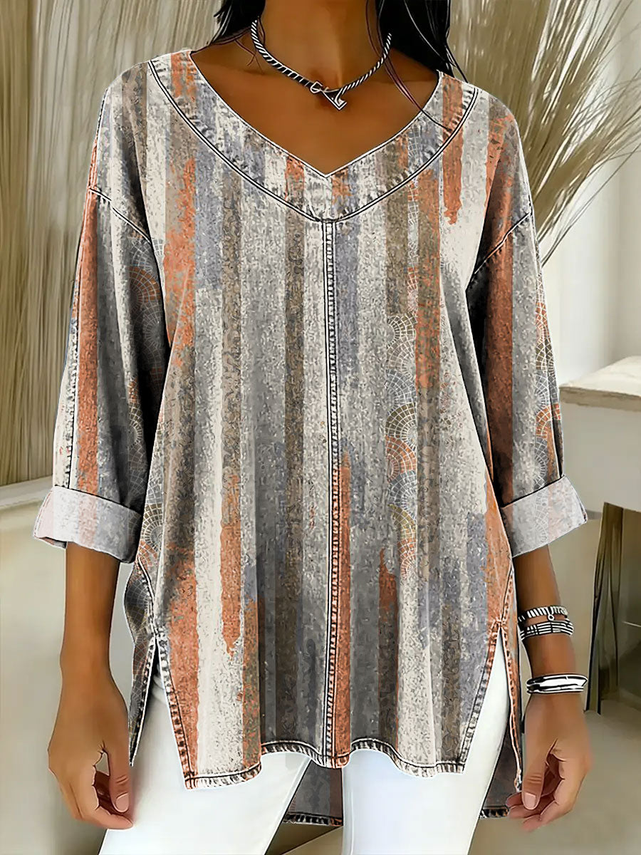 Women's Geometry Color Splicing Gradient Art Casual Washed Denim Cotton Top
