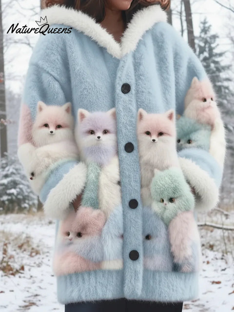Winter Forest Cute Fox Mink Fleece Button Coat