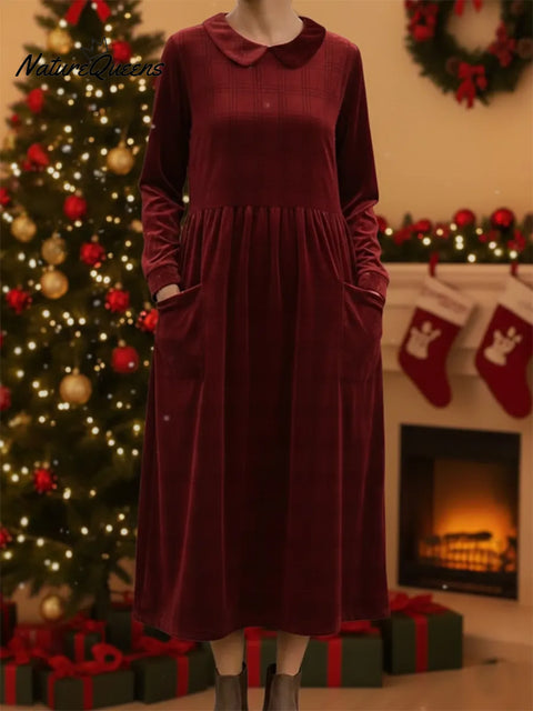 Retro Peter Pan Collar Velvet Pocket Midi Dress