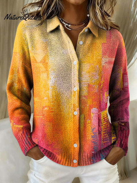 Women's Retro Geometric Abstract Gradient Pattern Art Print Cowl Neck Sweater