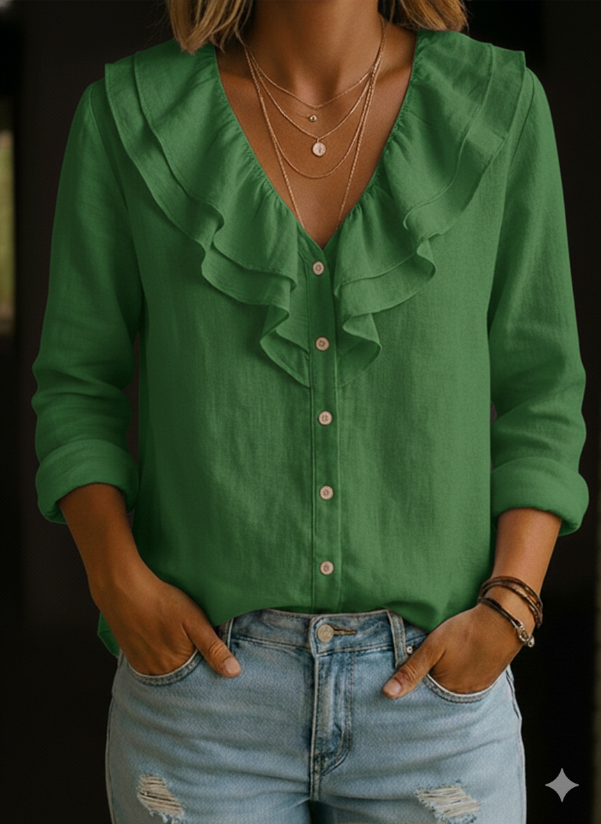 Women's Ruffled Collar Linen And Cotton Shirt