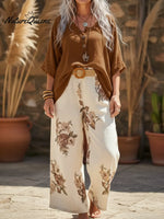 Button-down Top And Printed Wide-leg Trousers Linen Two-piece Set