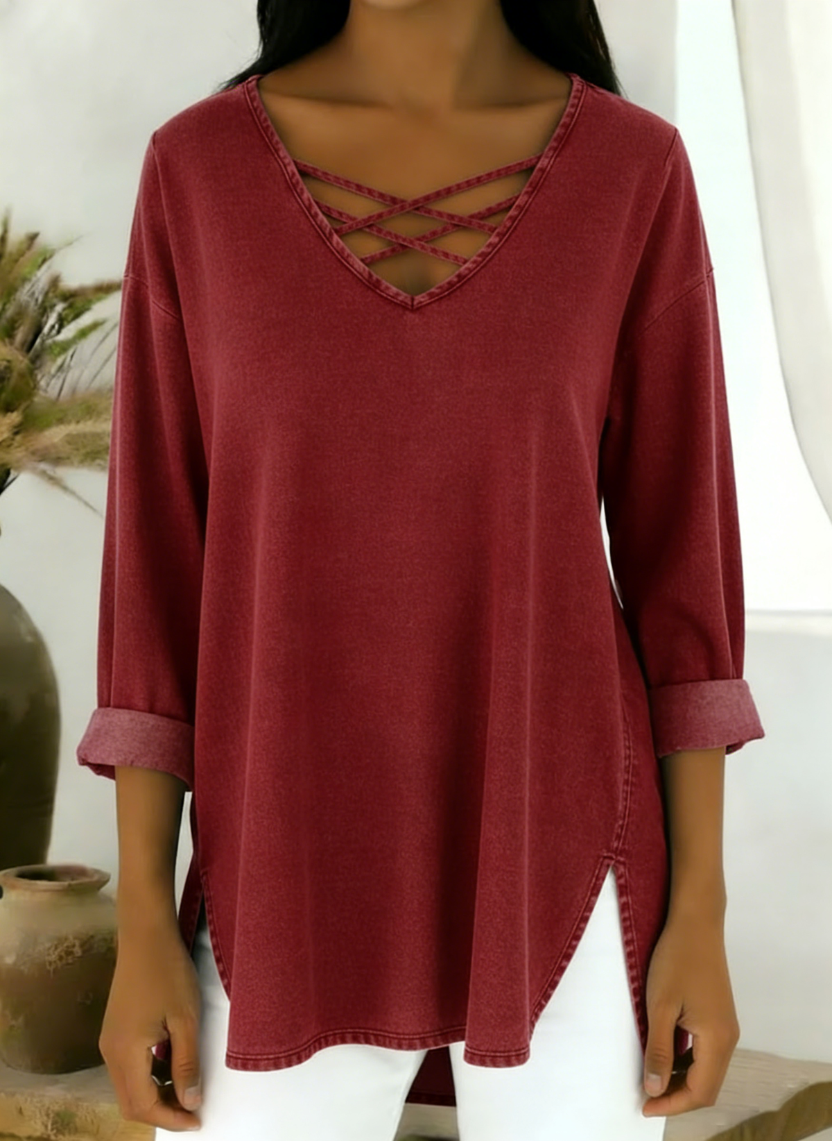 Casual Loose-fitting V-neck Denim Cotton Top