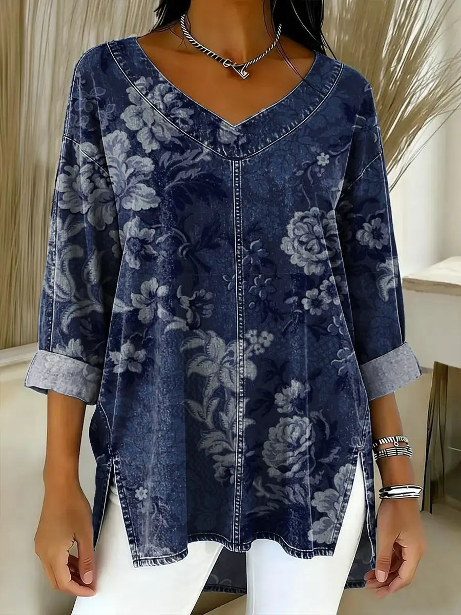 Women's Floral Pattern Art Print Casual Denim Shirt