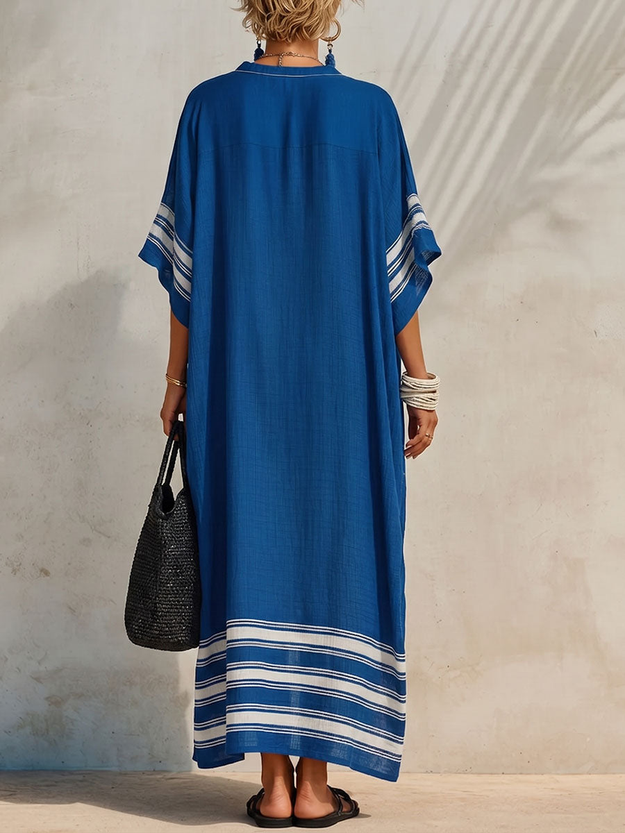 Women's V-neck 3/4-sleeve Casual Loose-fit Cotton-linen Dress